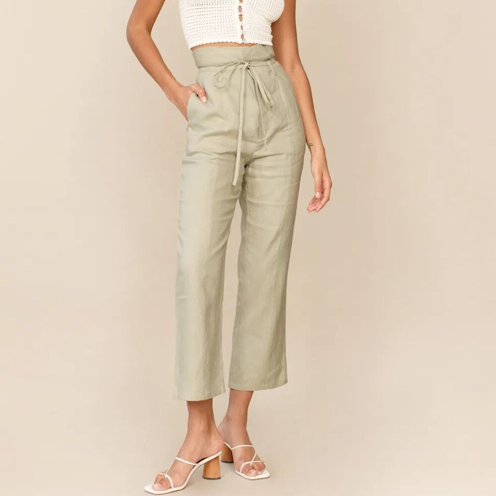 Reformation Linen Pants high rise straight leg womens Green (size 6) fisherman